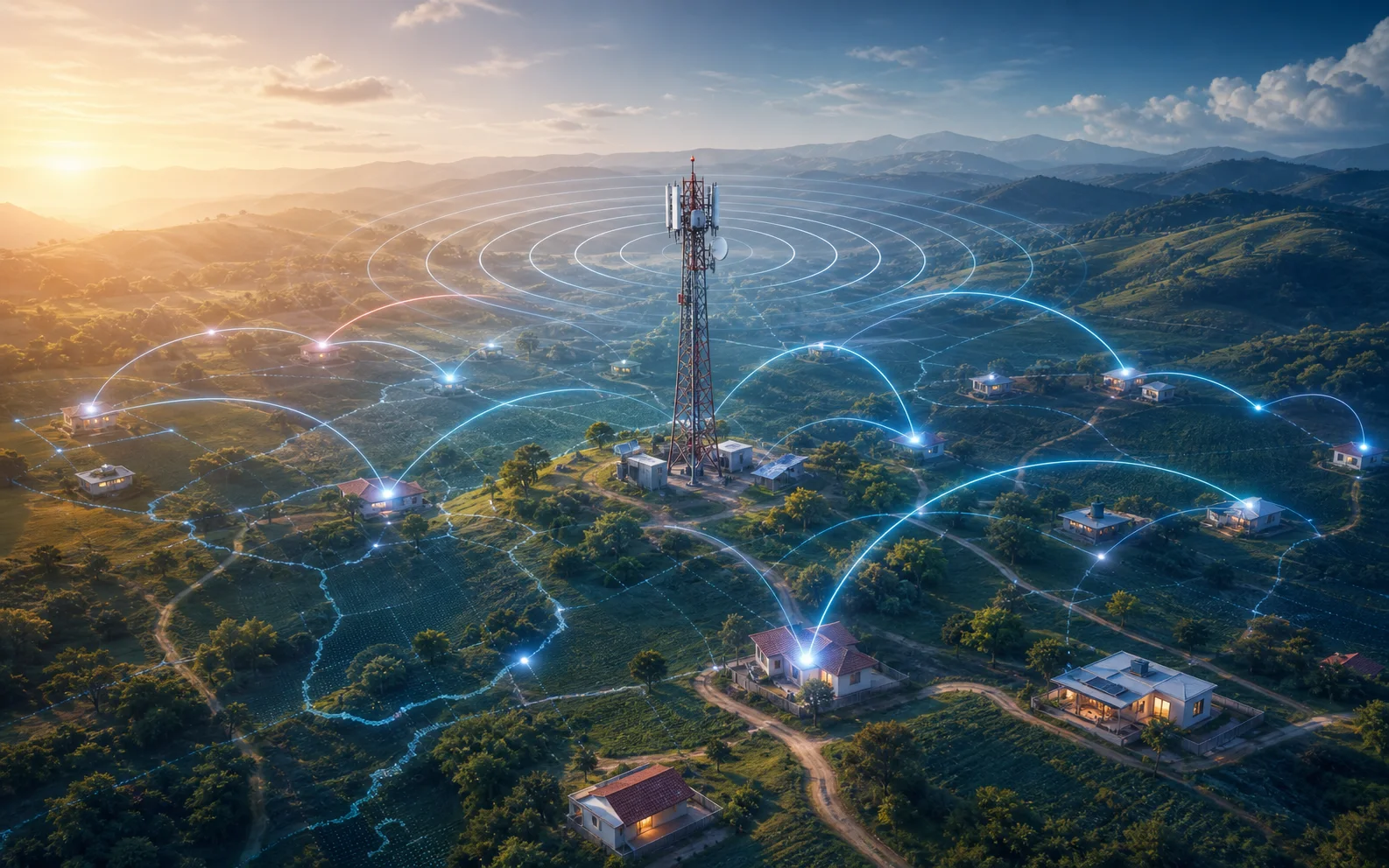 Visual conceptual de cobertura de internet inalambrico rural