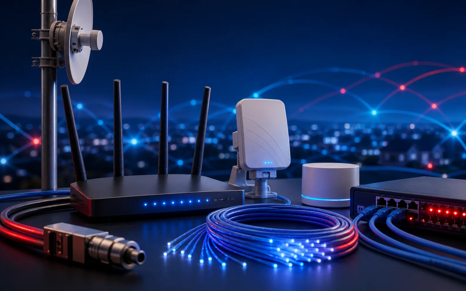 Visual conceptual de servicios de internet, fibra y equipo inalambrico